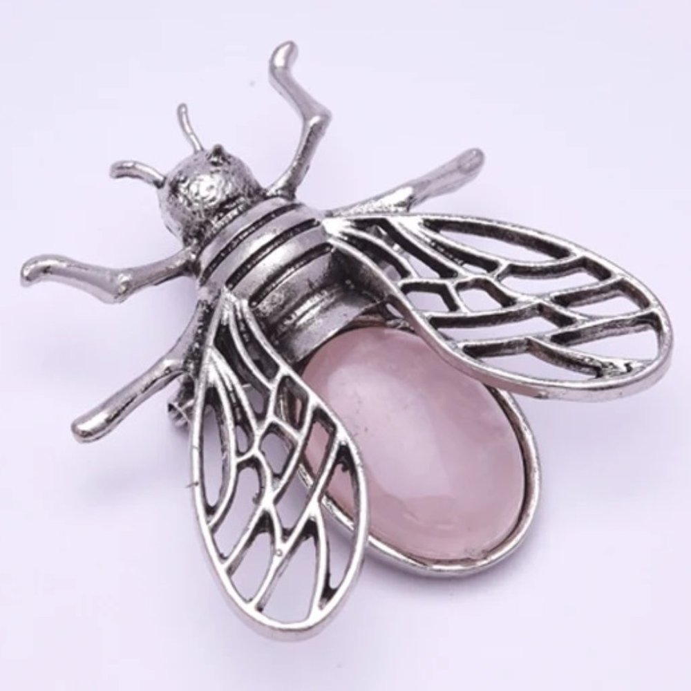 Rose Quartz Stone Bee Brooch Pendant Necklace Healing Gemstone Pendant